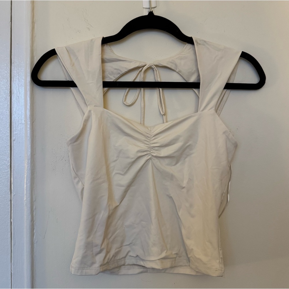 Pink Rose Cream Ruched Front Crop Top with Tie Back